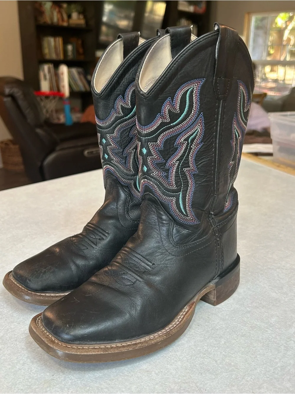 Old West Black Kids Western Boots Square Toe with Teal Accent Stitching